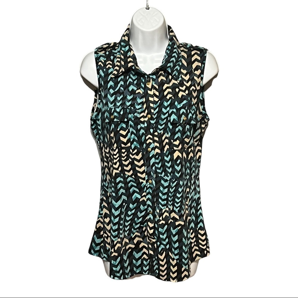 BCBGMaxAzria Sleeveless Button Front Top Turquoise Beige Women’s Medium